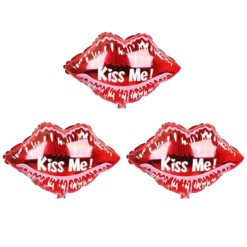 Image of Valentine Day Balloons Kiss Me Balloons Red Lips Shape Foil Balloons Valentine's Day Aluminum Balloons Set for Party Decorations Anniversary Wedding Supplies 3PCS