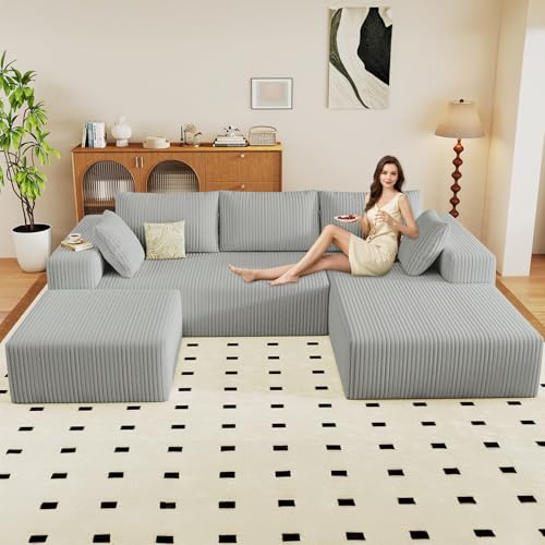 Image of 96 inch U-Shape Cloud Couch, Modern Modular Sectional L-Shape Sofa with Ottoman, Corduroy Upholstered Couches Deep Seat Chaise Longue for Living Room, No Assembly Required(Light Gray, Right Facing)