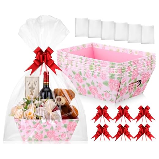Skyygemm 6 peças 24 x 15 cm Tea Party Cesta de presente vazia de papelão grosso para encher rosa tulipa rosa padrões florais caixa com sacos de celofane e laços de fitas para mulheres casamento na