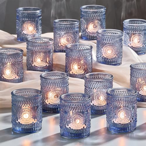 30 Pack Clear Glass Votive Candle Holders, Vintage Candle Holder Bulk, Tealight Candle Holders for Table Centerpieces, Home, Bridal Shower, Birthday, Christmas, Thanksgiving Party Table Decor (Blue) by Hlukana - Used condition - US$22.56
