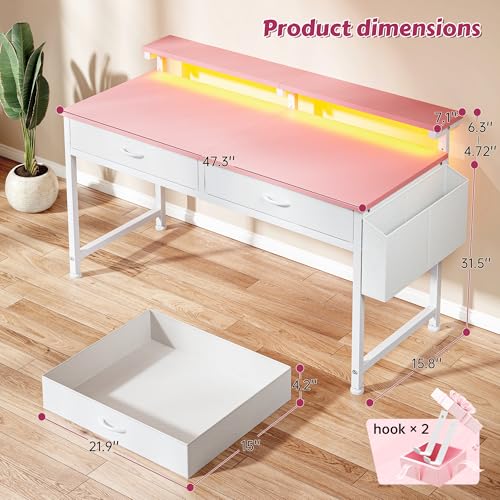 Image of DurayLoly 47.3 Inch Office Computer Desk with LED Lights & 2 Fabric Drawers, Gaming Desk with Side Pocket & Ergonomic Monitor Stand, Small Space Study Writing Table with Anti-Tip Design,Pink