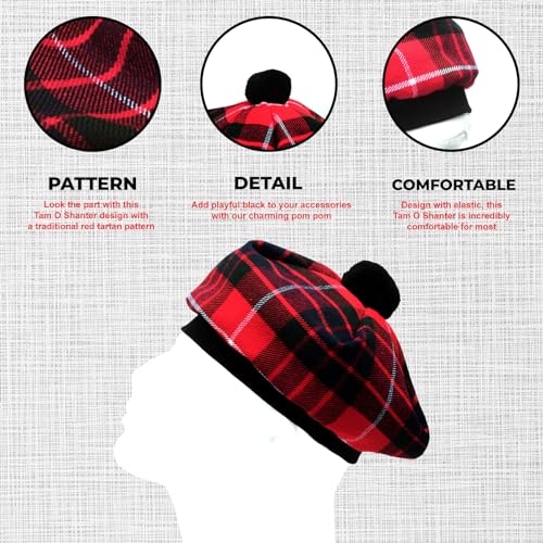 Image of Scottish Tam O' Shanter Hat Tartan Bonnet Pom Pom Wool Flat Cap One Size