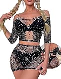 Kimfeng Women Sexy Sparkle Rhinestone Lingerie Set for Women See Through Mini Micro Bra Bikini G String Bottom Set (TZ145/Black, One Size)
