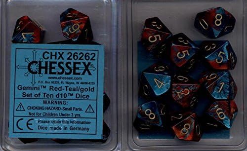 Chessex Dice d10 Sets: Gemini Red / Teal with Gold - Ten Sided Die (10)