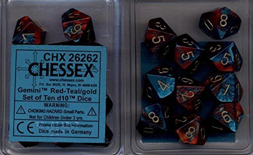 Chessex tärningar d10 set: Tvillingarröd/blågrön med guld – tiosidig tärning (10)