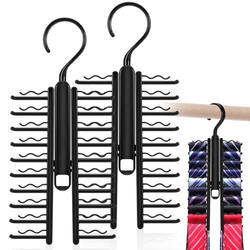 2 Stück Verstellbarer Krawattenhalter mit Rutschfestem Clip, Krawattenbügel Organizer für Krawatten, Gürtel, Schals, 360-Grad-Drehung, Schwarz
