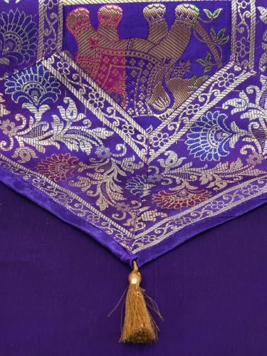 Image of Banarasi Brocade Zari Silk Table Runner Dinning & Centre Table Runner 177 By 30 CM (Purple, Elephant)