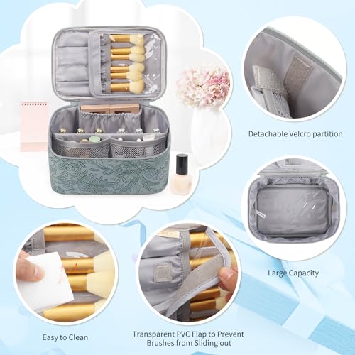 OCHEAL Makeup Bag Set, Portable Travel Makeup Bags Cosmetic Organizer Bag for Women Cute Floral Cosmetic Pouch Large Capacity Make up Bag PU Leather Toiletry Bags with Divider and Handle-Blue2