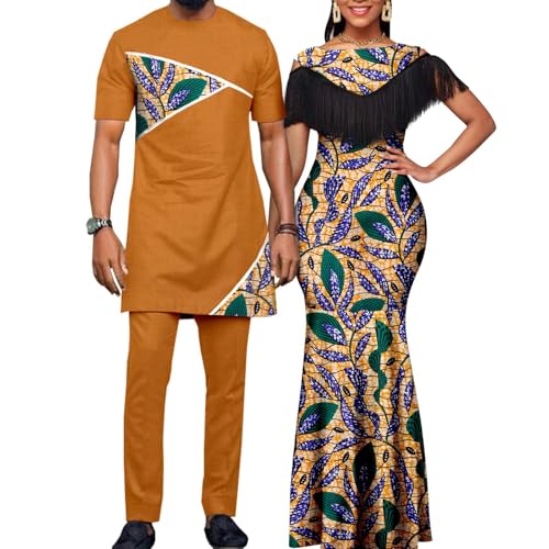 African Print Dashiki Lovers Outfits Women's Tassel Mermaid Long Dresses Matching Dashiki Men's Clothes Short Sleeves Shirt Pant Sets(A,Women-4XL)