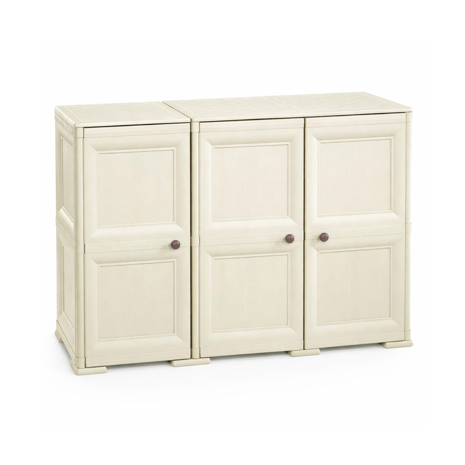 Armadio in Plastica 118 x 43 x 85.5 cm con 3 Ante e Finitura Effetto Legno – Mobile Contenitore Multiuso per Salotto, Balcone Coperto e Organizzazione Casa (Angora)