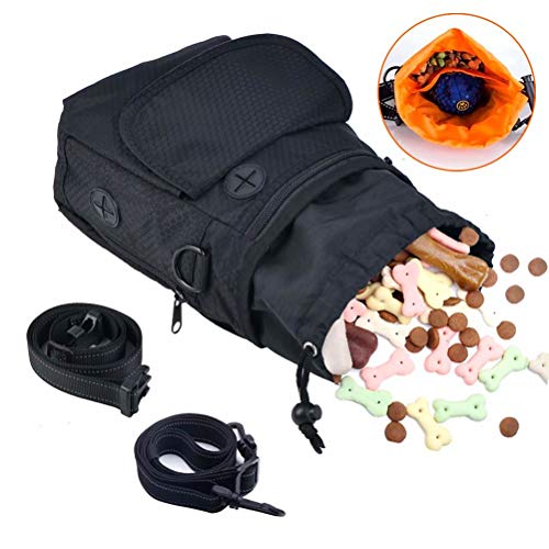 HANWELL Futterbeutel für Hunde Leckerlies, Hundeleckerlitasche mit Poop Spender-Verstellbarer Taillen/Schulterriemen, Mehrfachtaschen für Tragende Hunde Kibble und Spielzeug (Schwarz, Fußballmuster)