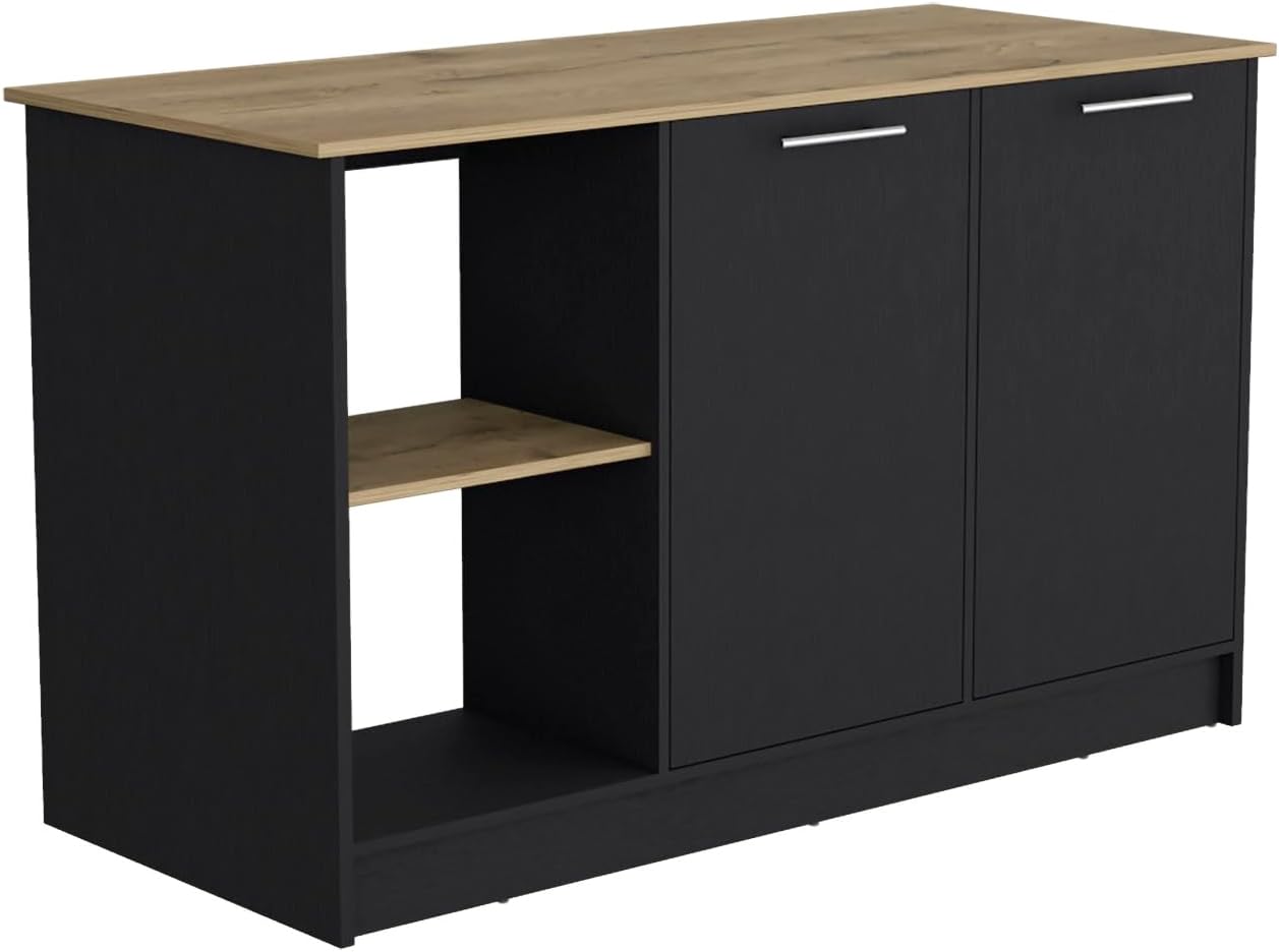 Juniper Kitchen Island with Large Top, Double Door Cabinet, and Open Shelves