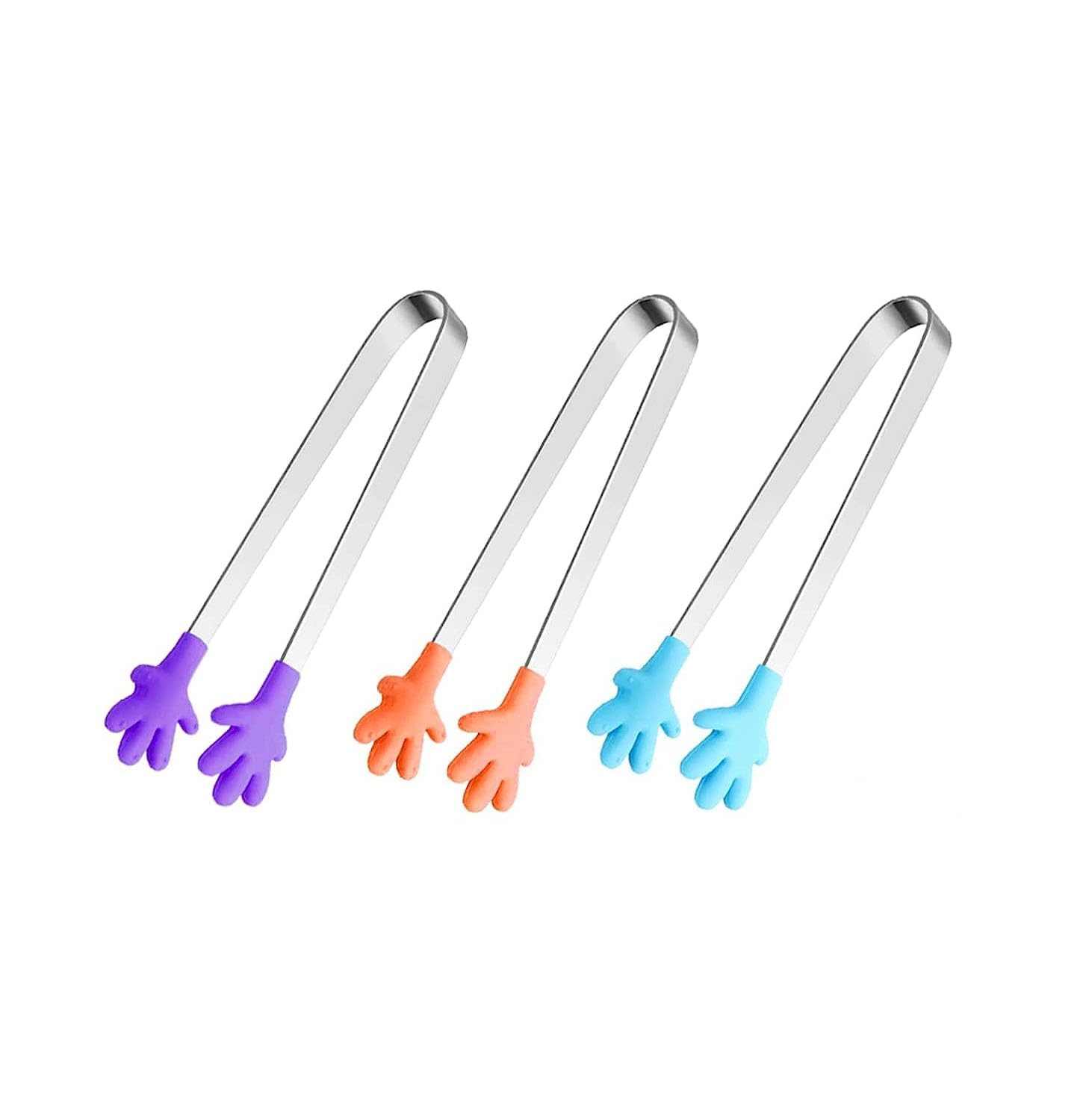HASTHIP® 3Pcs Small Kitchen Tongs - 5.1'' Stainless Steel Creative Color Silicone Palm Food Tongs for Desserts, Pastries, Ice Cubes, Sushi, Kids and Parties