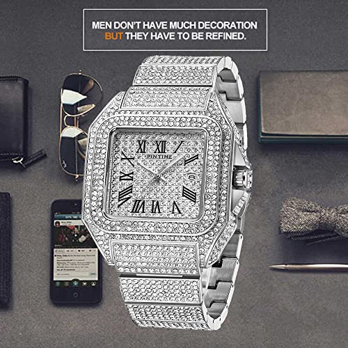 Gosasa Fashion Hip Hop Men's Crystal Watch Bling Bling Watch Rectangle Case Stainless Steel Quartz Analog Bracelet Wristwatch