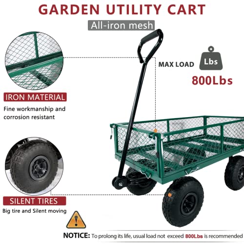Fihuted Garden Cart Wagon Heavy Duty 800 Lbs,Mesh Steel Utility Wagon Cart, Yard Cart With Removable Sides ,Tire Pump, Green #TOP3