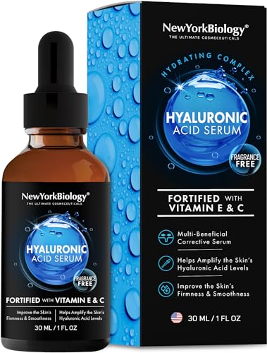 New York Biology - Suero de ácido hialurónico para rostro con vitaminas C y E, suero hidratante de fuerza profesional para pieles secas e irregulares, 30 ml