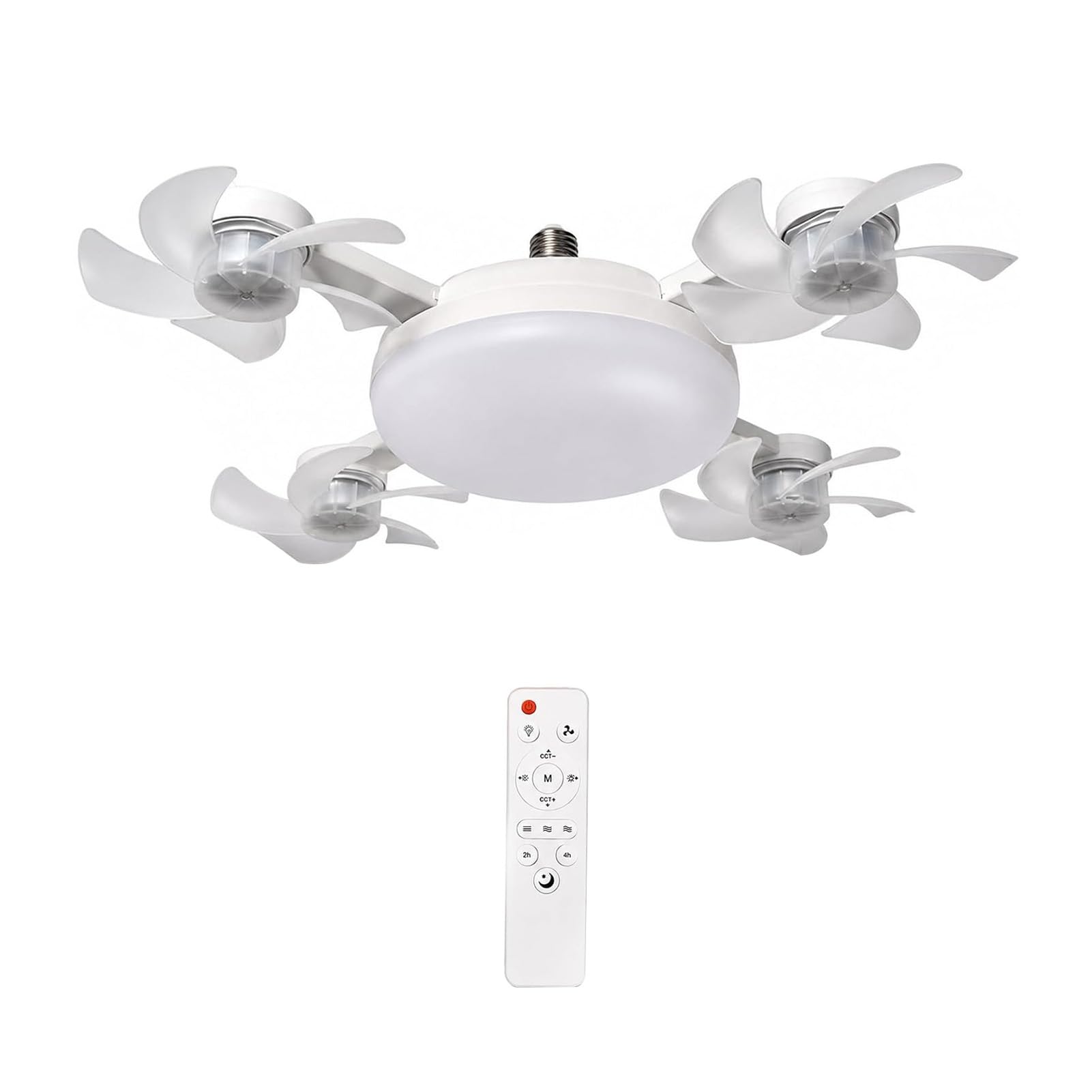 ZhzeYun Ceiling Fan with Light and Remote, 3/4/5 Blade Drone Fan with Foldable Blades, 3-Speed Dimmable E27 LED for Bedroom Kitchen Living Room, Modern Low Profile Ceiling Light White 4pcs A