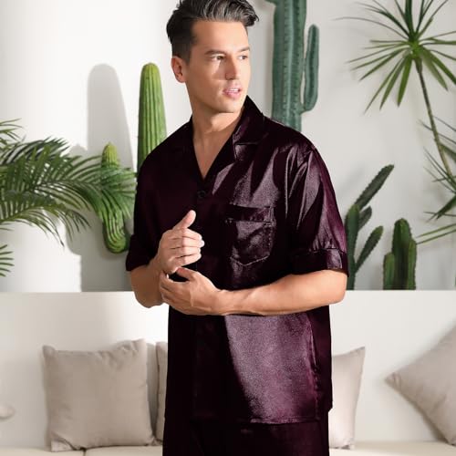 LANMAIGUO Mens Silk Satin Pajamas Sets,Short Sleeves and Pants Button Down Satin Pajama,Silk Satin Pocket Pajama Sets for Men3