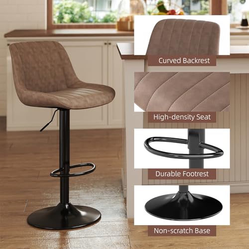 Image of Youhauchair Bar Stools Set of 4, Swivel Counter Height Barstools with Back, Adjustable PU Leather Bar Chairs, Modern Armless Kitchen Island Stool, Light Brown