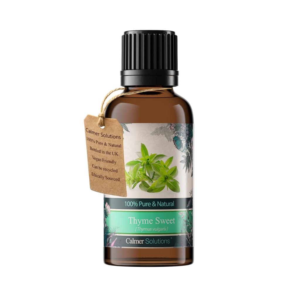 Calmer Solutions Thyme Essential Oil 30ml – 100% Pure & Natural Steam Distilled Thymus Vulgaris Oil – Warm Herbaceous Aroma for Diffuser, Aromatherapy & Home Fragrance – UK Bottled Essential Oil