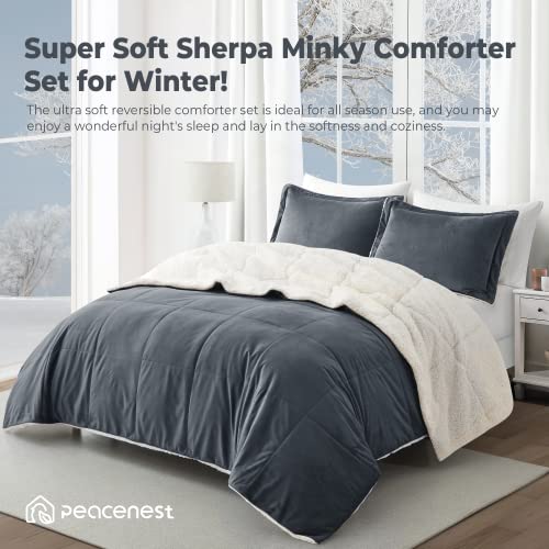 Peace Nest Sherpa Comforter Set King, Winter Warm Comforter King Size Ultra Soft Fuzzy Plush Velvet, 3-Piece Comforter Set Heavy Weight Reversible For Winter, Dark Grey, King, 104"X90" #TOP2