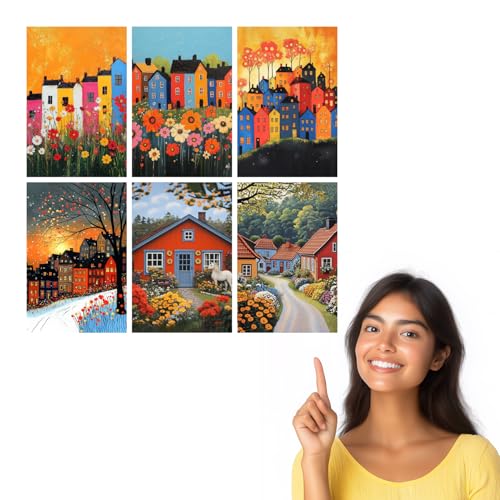 Image of SiddArtify Colorful Houses Wall Art Print Set - Whimsical Town Poster Decor for Living Room Bedroom - 8x12 inch Board Pack of 6