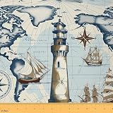 Erosebridal Nuatical Boat Fabric by The Yard,Lighthouse Upholstery Fabric,World Map Decorative Fabric,Vintage Upholstery and Home Accents for Quilting,Blue White,1 Yard