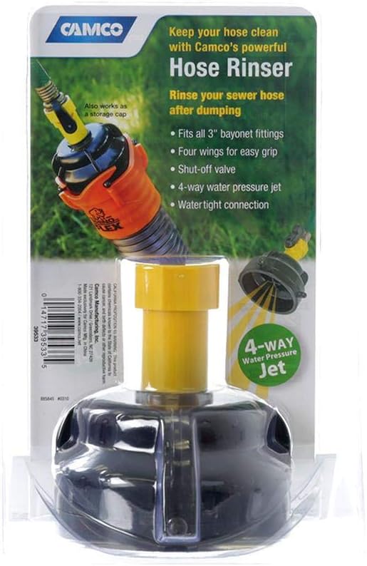 Camco RV Sewer Hose Rinse Cap | Features a Convenient Shut-Off Valve for Water Flow Control, Firmly Locks onto the RV Sewer Hose Bayonet Fitting, and Rinses RV Sewer Hose Before Storage (39533)