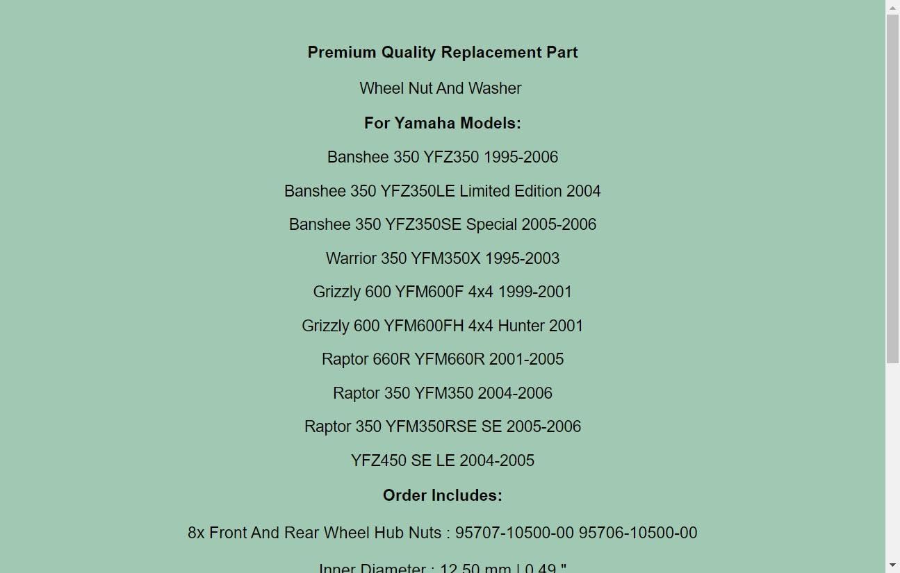 Replacement 95707-10500-00 92907-10200-00 Wheel Nut And Washer For Yamaha Front/Rear