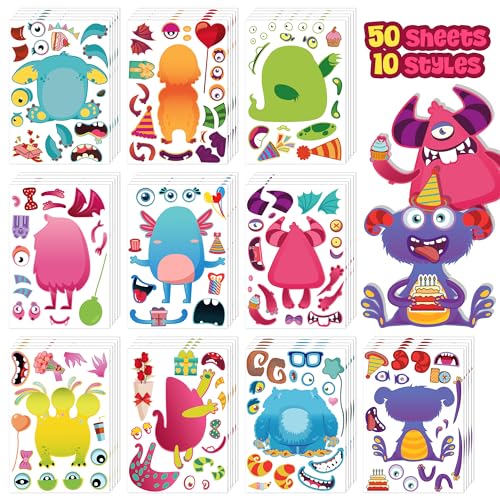 Dcuminkel Make a Face Stickers, 50 Sheets Monster-Themed DIY Stickers for Kids, 10 Styles Perfect for Birthday, Classroom, Goodie Bag idea, Valentine's Day and Party Favor