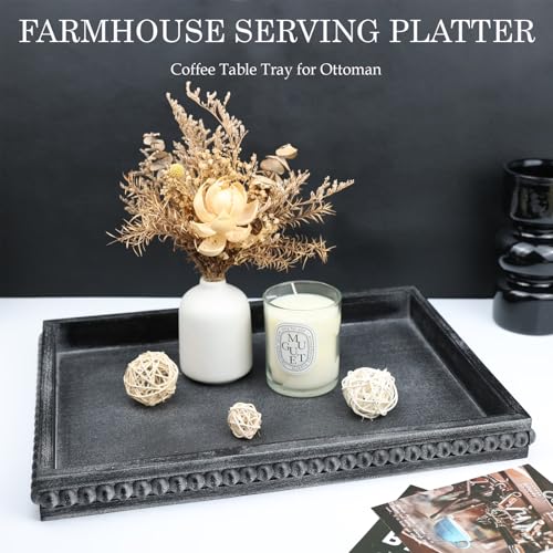 Lnofemin Rectangle Wood Serving Tray with Beads, Black Washed Wooden Decorative Tray for Entertaining, Decoration, and Gifting — view 3