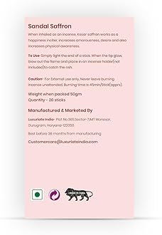 LUXURIATE Sandal and Saffron Bambooless Incense | Chandan Agarbatti | Natural Herbal Organic Incense Sticks for Puja | Long-Lasting Premium Luxury Agarbatti - Pack of 5