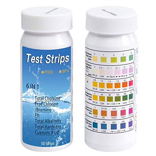 Walaka luggage Walaka Lot de Bandelette Piscine 6 en 1 pour Papier ph Bandes Test Qualité d'eau sur Chlore Total Chlore Libre Alcalinité Acide Cyanurique Dureté du Liquide Testeur Générale (50pc (A) Cover