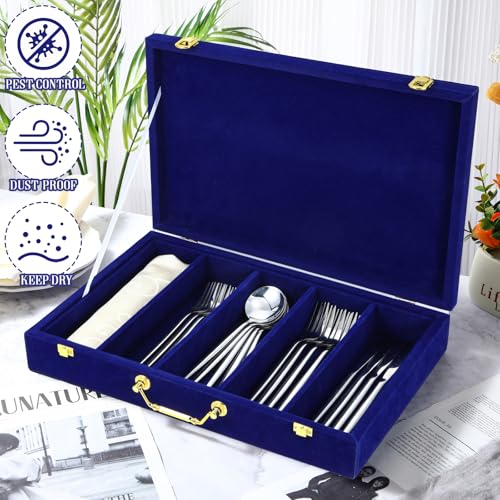 Pickmesh Silverware Case with Lid and Handle, Silverware Storage Box Sterling Silver Flatware Chest Without Silver Tarnish Proof Utensils Organizer for Kitchen Decor Wedding Gifts(Royal Blue,1 Layer)