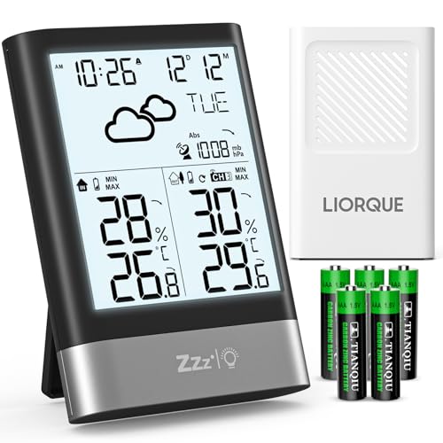 LIORQUE Wetterstation Funk mit Außensensor, Digital DCF-Funkuhr Thermometer Hygrometer Innen Außen Funkwetterstation mit Wettervorhersage,...