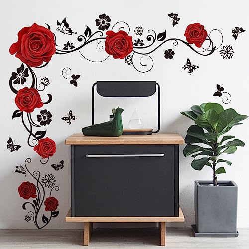 HGDESIGN® Wandtattoo Wandaufkleber Rot Rosen Blumenranke Wohnzimmer Schlafzimmer Wandsticker Wandbild Wanddeko Selbstklebend (Rot)