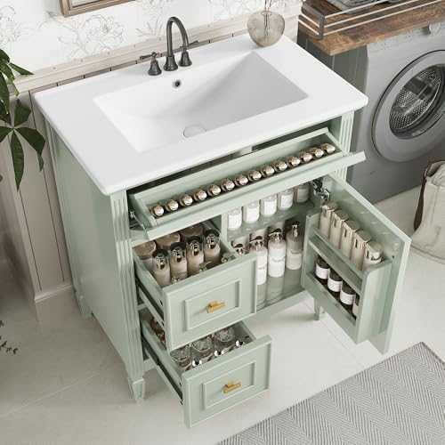 Mirightone 30' Bathroom Vanity with Sink, Bathroom Vanities 30 in with Sink, 30 Inch Vanity with Top, 30 Bathroom Vanity with Sink Top Combo, 1 Flip Drawer, 2 Drawers & Adjustable Shelf (Green)