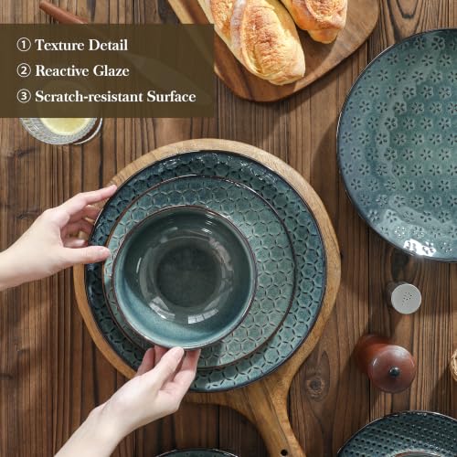 Image of MALACASA 12 Pieces Dinnerware Sets, Farmhouse Plates and Bowls Sets, Embossed Green Dish Set for 4, Vintage Relief Ceramic Dish Set, Chip-Resistant, Microwave and Dishwasher Safe, Series LYDIA