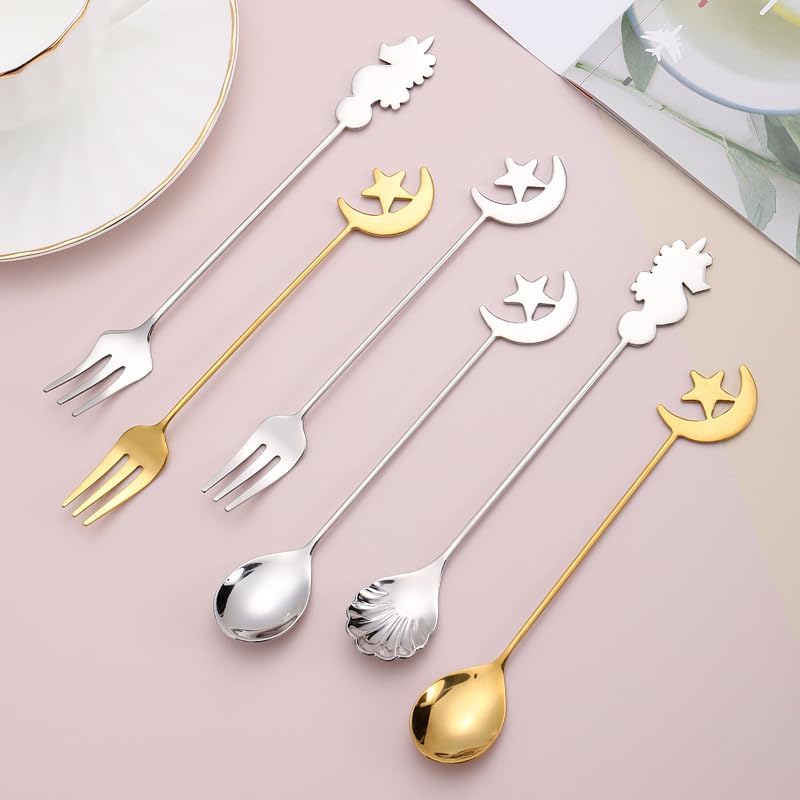 Silverware Flatware Set, 1/4/6/8/10pcs Creative Fruit Spoon 304 Stainless Steel Spoon Seahorse Shell Stirring Coffee Spoon(Gold,10Pcs)