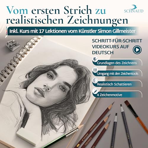SCHNAUD Zeichenset professionell mit Online-Kurs – Bleistift Zeichenset & Zeichenzubehör zum Zeichnen lernen