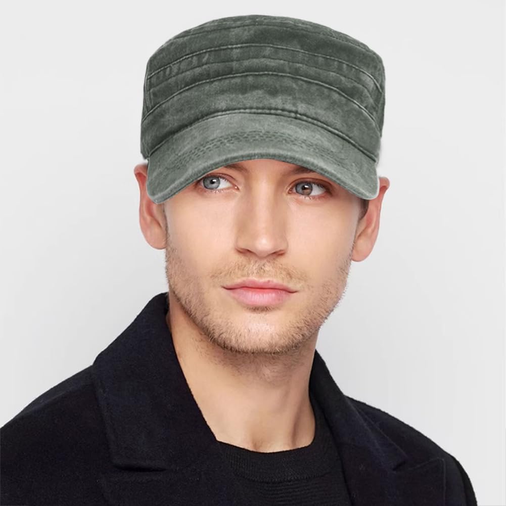 Cadet Army Cap Washed Military Army Hat Vintage Flat Top Hat for Women Men