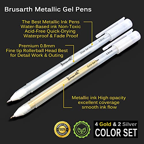 Brusarth Fine Point Metallic Gel Pen, Premium 2 Colors Gel Pen Set -Gold, Silver Gel Ink Pens For Artists With 0.8Mm Nibs, For Black Paper Drawing,Writing, Sketching, Illustration, Pack Of 6 #TOP3