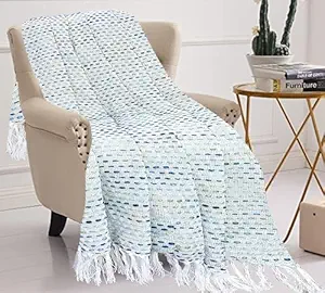 SAJAVAT HOME Pure Cotton Sofa Throw | 82x52 INCHES / 208x132 Cms | Hand Knitted with Tassels | Teal Blue | All-Season Use | (Pack of 1)