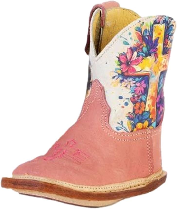 Tin Haul Western Cowboy Boots, Soft Pink Cowhide Leather, Floral Cross Design, Cushioned Insole, Side Zip, Size 4, Love Jesus Collection, Infant