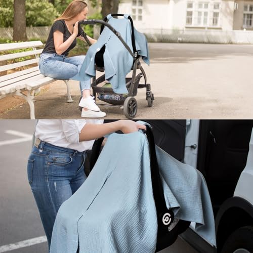 Image of Muslin Car Seat Cover for Babies, Baby Carseat Cover for Boys Girls, Breathable Infant Car Seat Canopy, Multiuse Baby Carrier Cover & Nursing Breastfeeding Cover(Blue)