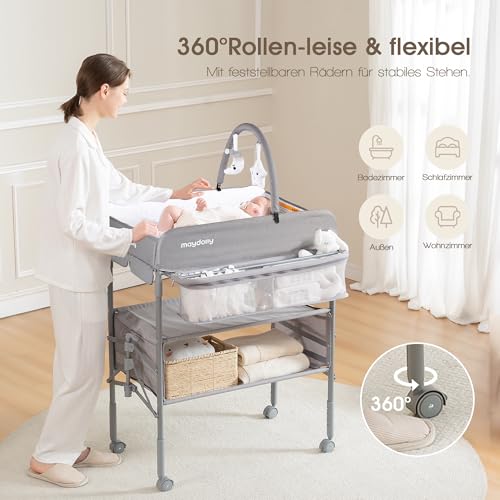 Maydolly Tragbarer Wickeltisch für Babys, Multifunktionaler Faltbarer Wickeltisch, Höhenverstellbar mit Rädern und 2 Aufbewahrungskörben, Wasserdichtes Sitzkissen zum Wickeln, Grau