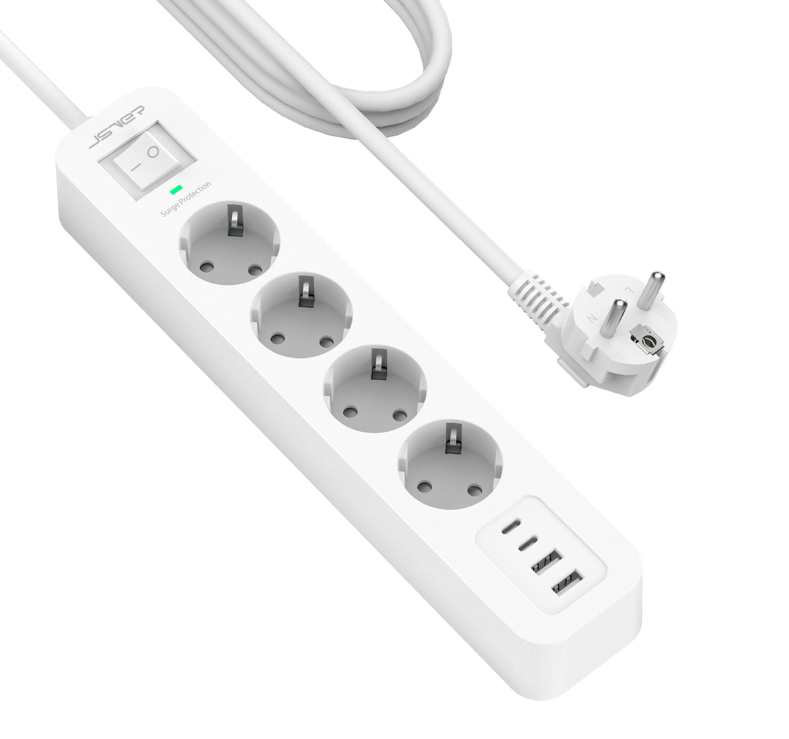JSVER Steckdosenleiste 4 Fach mit 4 USB Ladeanschlüsse, Mehrfachsteckdose Überspannungsschutz mit USB C, Wandmontage(3680W 16A) Steckerleiste mit 4M Kabel für Smartphones, Laptop -Weiß