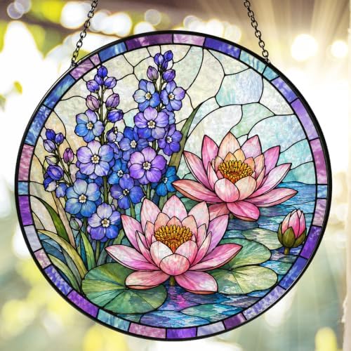 July Birth Flower Stained Glass Suncatcher Window Hanging, Pink Water Lily Sun Catcher for Indoor Window, Birthday Gift for Women Mom Daughter, Floral Glass Decor, 7.87 Inch