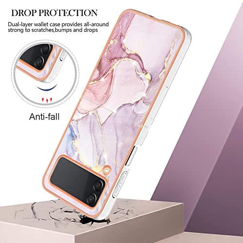 LEMAXELERS Glitzer IMD Marmor Silikon Hülle für Samsung Galaxy Z Flip 5 Überzug TPU Bling Glitzer Marmor Schutzhülle Ultra Dünn Flex Silikon Cover Etui Handyhülle für Galaxy Z Flip 5,YBB Marble Rose