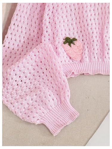 SOLY HUX Girl's Crochet Sweater V Neck Long Sleeve Hollow Out Knit Strawberry Cute Pullover Tops4